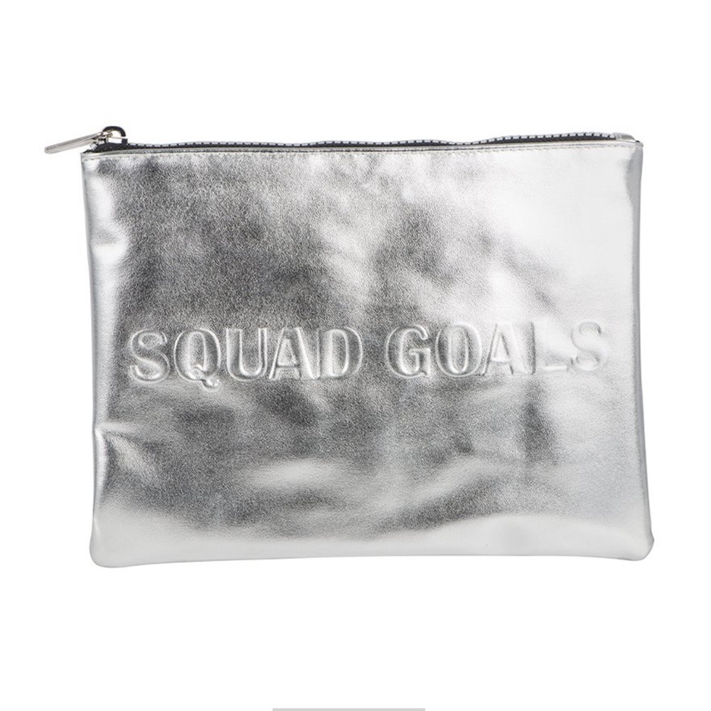LONDON SOHO NY SHINY SILVER “Squad Goals” CLUTCH HYGIENE MAKEUP BAG - Picture 5 of 6